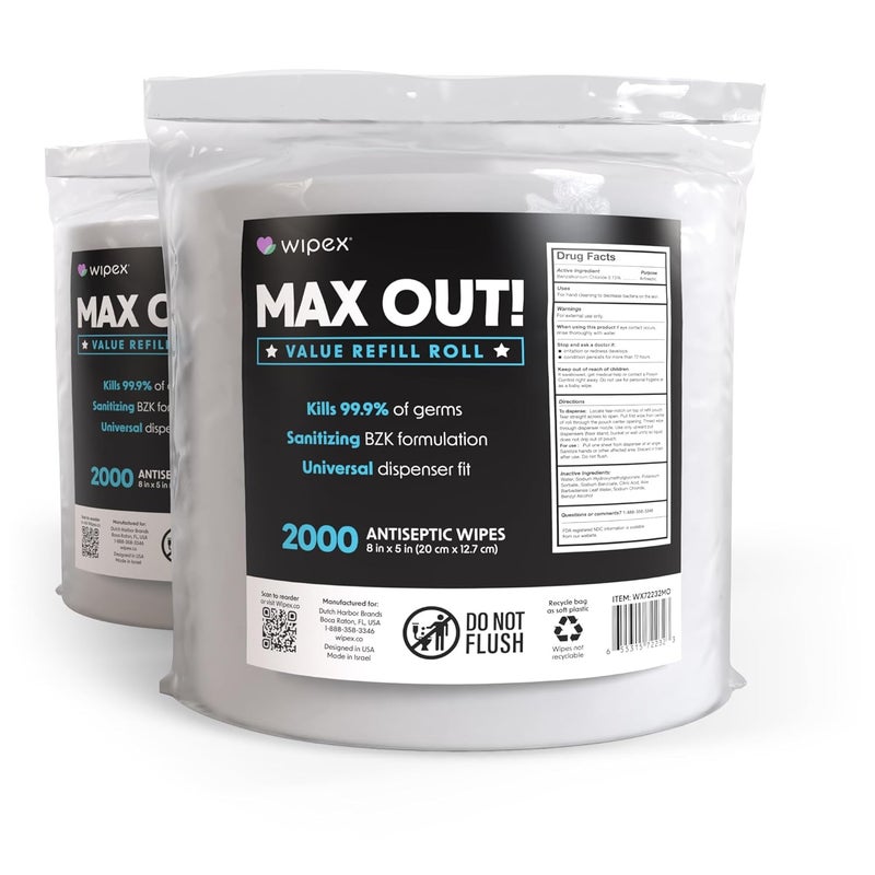 Wipex Max Out Sanitizing Wipes for Fitness Centers - 2000 Wipes Per Roll, Pack of 2, Economy Size Refill Rolls for Dispensers, 5"x8" - Ideal for High Volume Commercial Gyms, Schools & Studios - Image 1